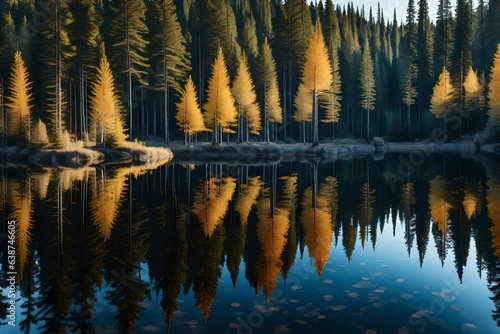 A tranquil lake reflecting the coniferous trees of the taiga