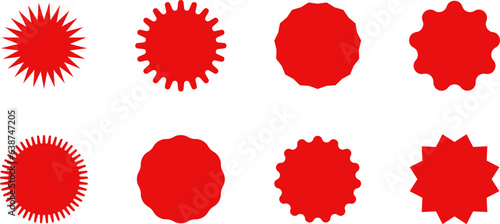 Starburst red sticker set - collection of special offer sale oval and round shaped sunburst labels and badges. Promo stickers with star edges. Vector.