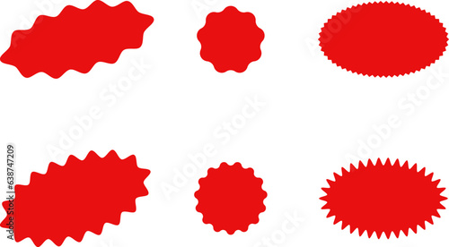 Starburst red sticker set - collection of special offer sale oval and round shaped sunburst labels and badges. Promo stickers with star edges. Vector.