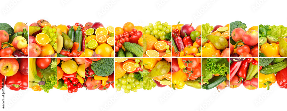 Vegetables, fruits and berries separated by vertical lines isolated on white