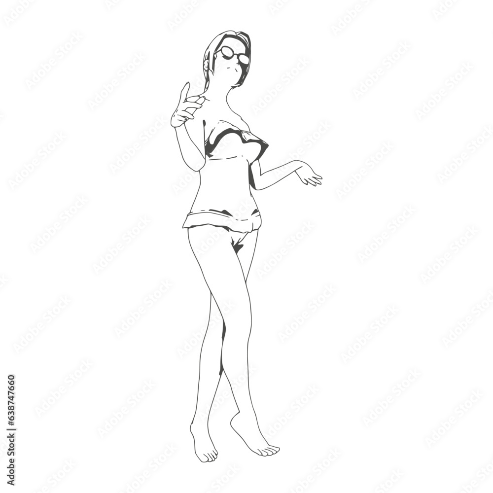 Illustration of a beautiful fashion model posing in a stylish swimsuit wearing sunglasses. Young attractive woman in bikini. Thin line style