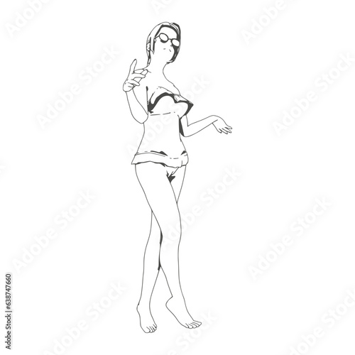 Illustration of a beautiful fashion model posing in a stylish swimsuit wearing sunglasses. Young attractive woman in bikini. Thin line style