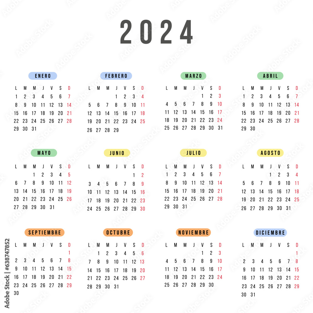 Spanish calendar 2024 year. Vector square stationery calendar week starts Monday. Yearly organizer. Simple calendar template in minimal design. Business illustration. Spanish calendar 2024 year. Vector square stationery calendar week starts Monday. Yearly organizer. Simple calendar template in minimal design. Business illustration.