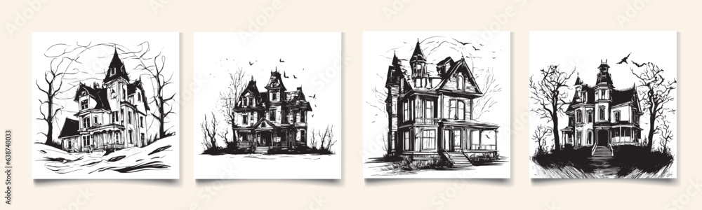 scary house silhouette sketch. Mystical house with monsters and ghosts for Halloween. creepy house. Vector illustration for the store. The tattoo is isolated on a white background.