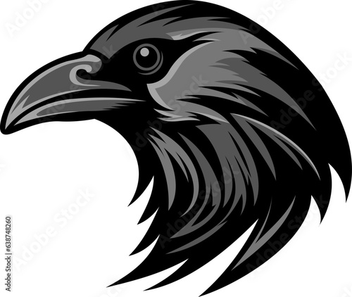 Crow head emblem. Mascot raven bird illustration isolated on white. Image of predator portrait for company use or tattoo.