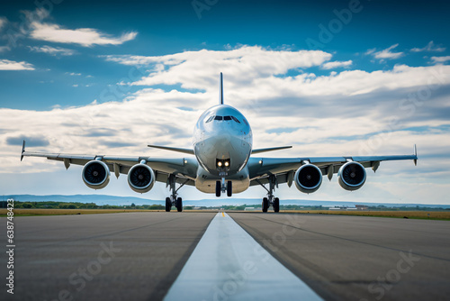 Airline Airbus, aeroplane on airport runway, airplane is flying over a runway