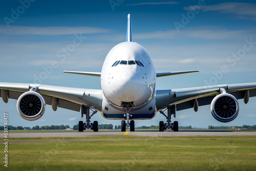 Airline Airbus, aeroplane on airport runway, airplane is flying over a runway