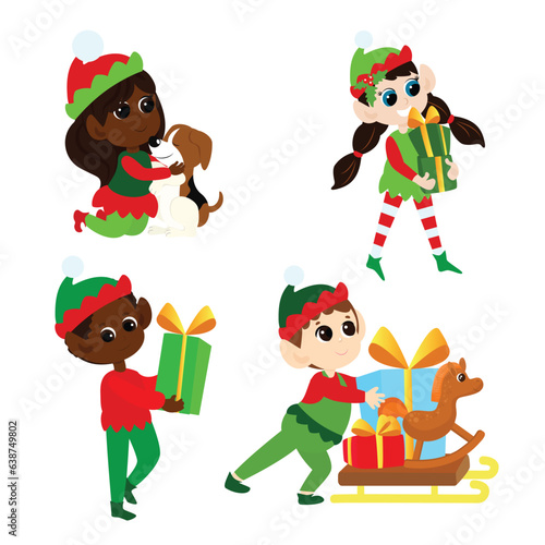 Set Christmas elves. Multicultural boys and girls in traditional elf costumes. Santa's helpers are happy. They dance, smile, bring gifts, carry lollipops and sweets. Design of Christmas characters.