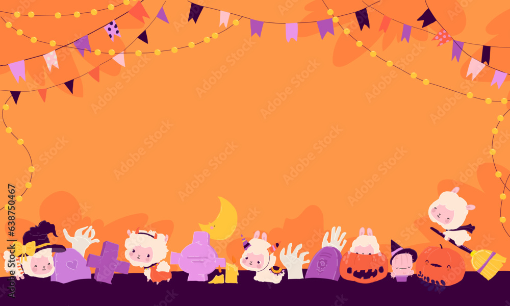 Fototapeta premium Cartoon Banner with Cute LLama Alpaca wearing Halloween Costumes, Pumpkins, Zombie Hands and Gravesa