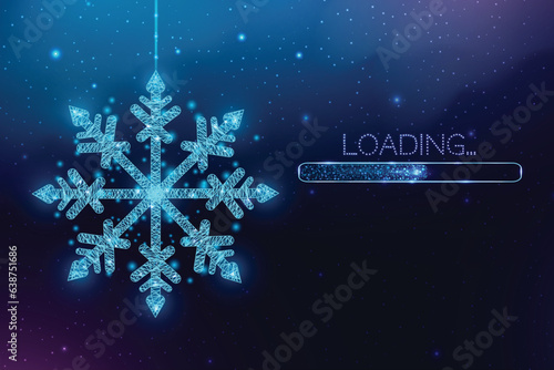 Wireframe Christmas ball and loading bar, low poly style. Merry Christmas and New Year banner. Abstract modern 3d vector illustration on blue background