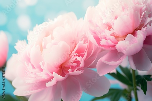 Beautiful pink large flowers peonies on a light blue turquoise background. 