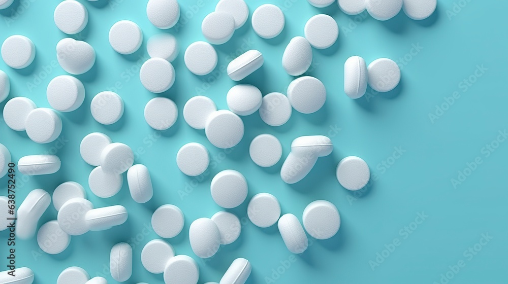 Top view white medicine tablets antibiotic pills on a soft blue background, copy space, Pharmacy theme, 