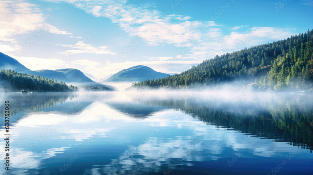 view of lake. Bright morning scene, clear reflection, Generative AI