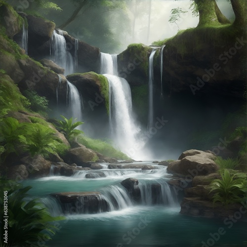 waterfall in the forest jungle The Heart of the Jungle: A towering waterfall plunges into a deep pool, surrounded by towering trees and verdant vegetation. It is a place of peace and tranquility.