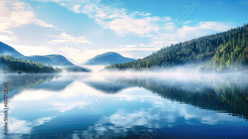 view of lake. Bright morning scene, clear reflection, Generative AI