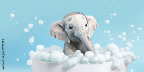 Minimalist Albino Elephant in a Bathtub of Soap Bubbles Against a Cyan Background. 