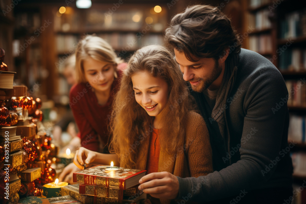 Happy smiling family open gift box at christmas eve, father with teenager girl, winter holidays, celebrate xmas at home, generative AI
