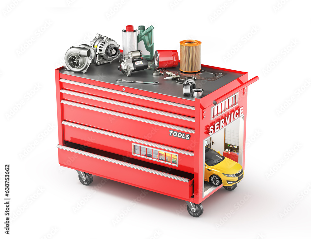 Car service concept. Car repair hall in form of toolbox. 3d illustration Car service concept. Car repair hall in form of toolbox. 3d illustration