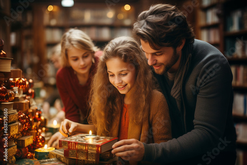 Happy smiling family open gift box at christmas eve  father with teenager girl  winter holidays  celebrate xmas at home  generative AI