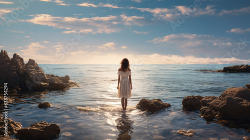 a pretty young woman is standing on a coast in a light summer dress and is looking at the sea.