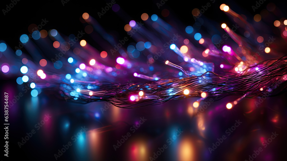 Fototapeta premium colorful flashing fiber optic cables isolated on black background.