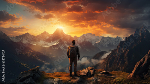 a hiker with a backpack stands on a mountain and looks at the sunset.