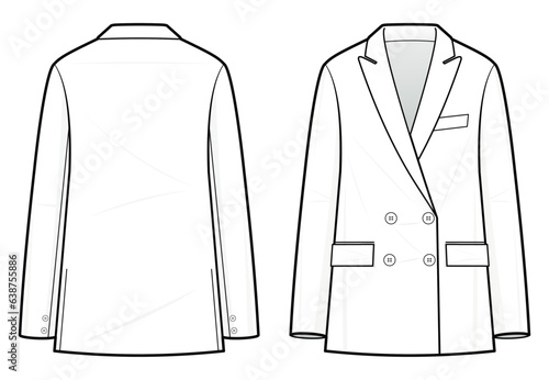 Double-breasted suit fashion flat technical drawing template. Double-breasted coat vector template illustration. front and back view. women's jacket, white colour. CAD mockup.
