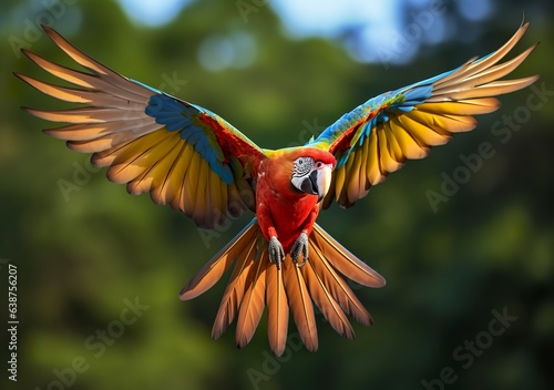 Scarlet macaw flying in nature © Fatema