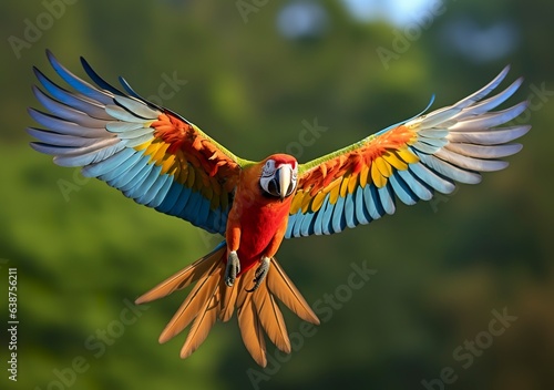 Scarlet macaw flying in nature © Fatema