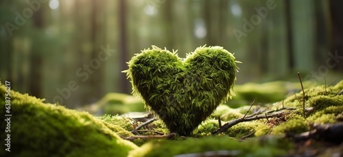 Heart shaped piece of moss sitting on top of moss covered ground.