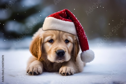 Golden retriever puppy in a santa hat on light background