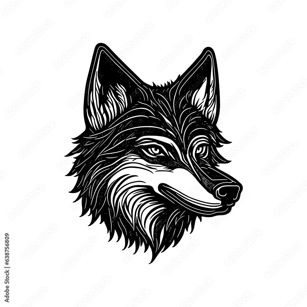 cartoon wolf dog canine fox head in style of linocut engraving, woodcut, black and white, white background. cartoon wolf dog canine fox head in style of linocut engraving, woodcut, black and white, white background.