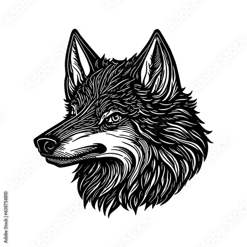 cartoon wolf dog canine fox  head in style of linocut engraving, woodcut, black and white, white background.