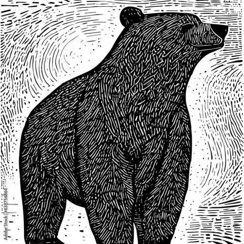 illustration of bear standing on the ground in style of linocut engraving, woodcut, black and white, white background. photo