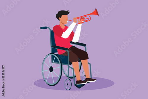 Graphic flat design drawing handsome male in wheelchair playing trumpet during music lesson. Person in hospital perform musical event. Rehabilitation center patient. Cartoon style vector illustration