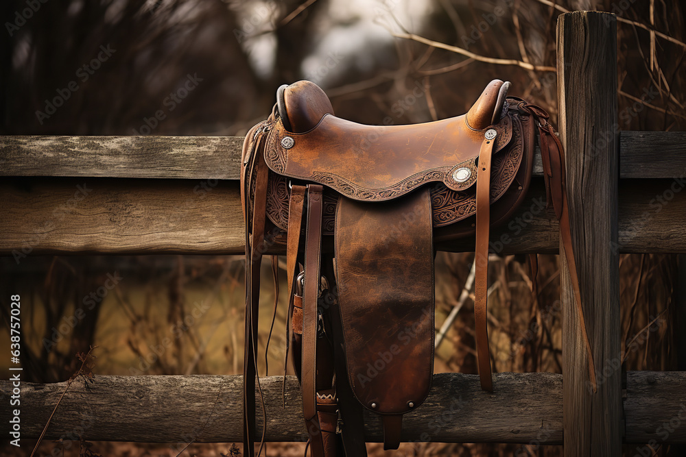 A rustic scene of a well-used leather saddle resting on a fence