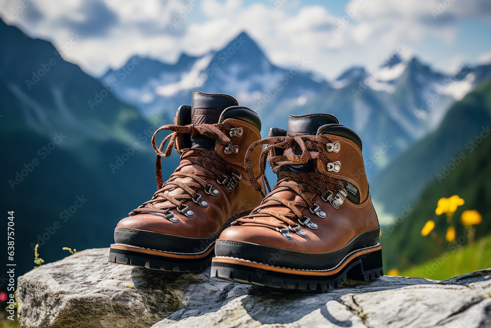 The spirit of adventure embodied in rugged leather hiking boots poised against a breathtaking mountainous horizon The spirit of adventure embodied in rugged leather hiking boots poised against a breathtaking mountainous horizon