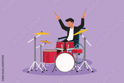 Cartoon flat style drawing disabled handsome man in wheelchair playing drum at musical event. Physically disabled. Person in hospital. Rehabilitation center patient. Graphic design vector illustration