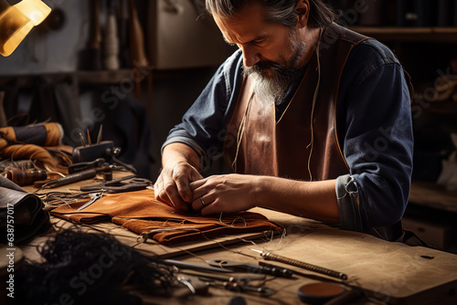 Experience the art of creation as a leather worker meticulously sews a wallet using traditional tools and techniques