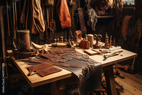 The essence of craftsmanship captured with leatherworking tools and raw hides spread across a craftsman's table