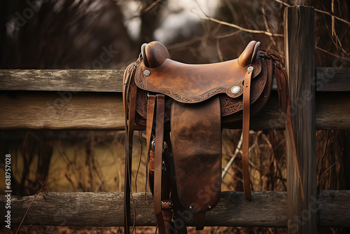  A rustic scene of a well-used leather saddle resting on a fence, bringing forth memories and tales of countryside adventures