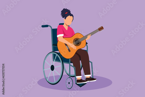 Cartoon flat style drawing beautiful woman sit wheelchair with acoustic guitar play music, sing song. Physically disabled, broken leg. Rehabilitation center patient. Graphic design vector illustration