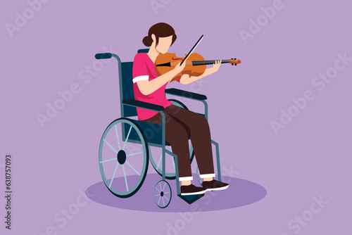 Character flat drawing of disability and music. Woman in wheelchair plays violin. Physically disabled, broken leg. Person in hospital. Rehabilitation center patient. Cartoon design vector illustration