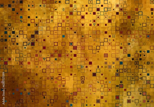 Abstract Geometrical Background. Tile art. Gold mosaic with squares, frames and shapes. photo