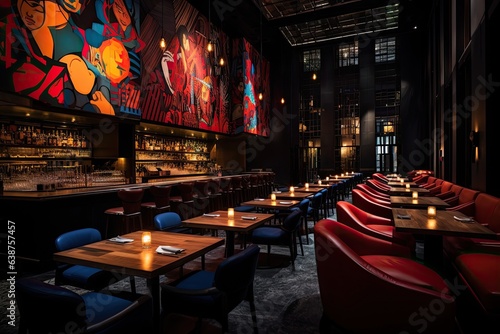 Interior of a restaurant with red chairs, tables and ceiling lights, night club in the heart of the city, with plush leather seating, bold lighting, AI Generated