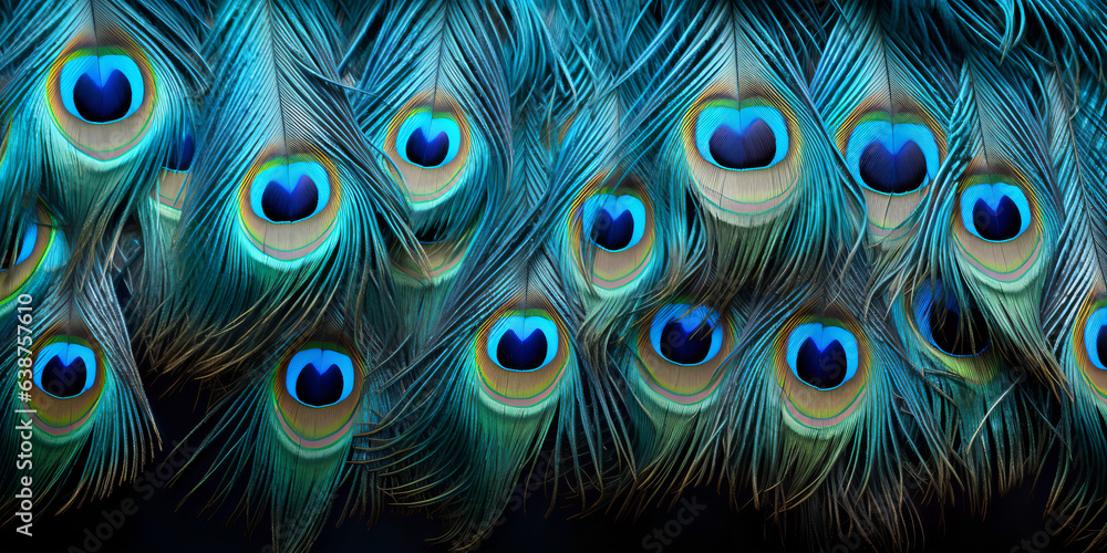 Obraz premium peacock feather texture, feather schemed background, closeup shot, panorama, blue, elegant, shallow arranged, Generative AI
