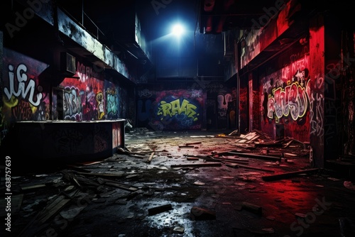 Interior of an old abandoned industrial building with graffiti on the walls, A vivid haunting image of an abandoned nightclub. Dark, graffiti-covered walls frame the dimly lit space, AI Generated © Iftikhar alam