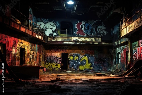 Abandoned factory building with many graffiti on the walls at night, A vivid haunting image of an abandoned nightclub. Dark, graffiti-covered walls frame the dimly lit space, AI Generated
