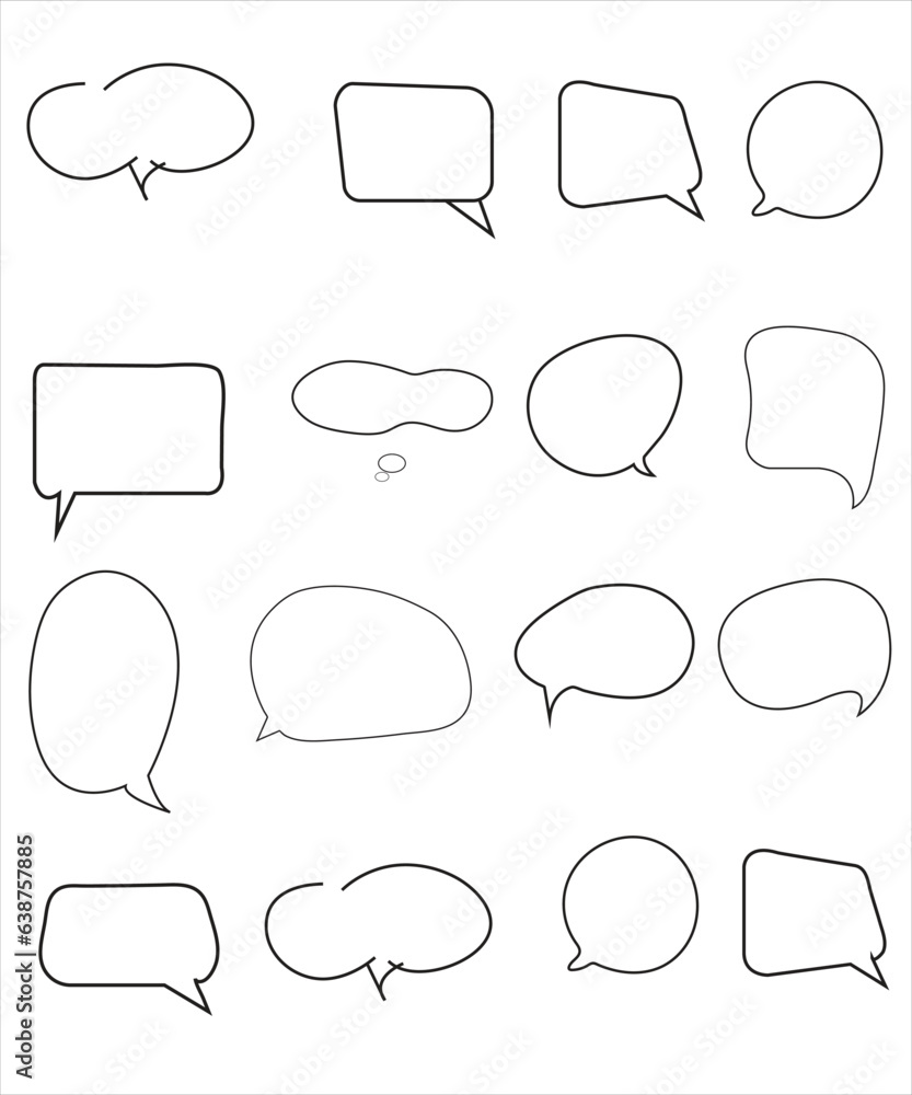 Fototapeta premium Vector Set of speech bubbles. Dialog box icon, message template. Doodle clouds for text, lettering. Different shape of empty balloons for talk on blue background. Flat vector illustration. 