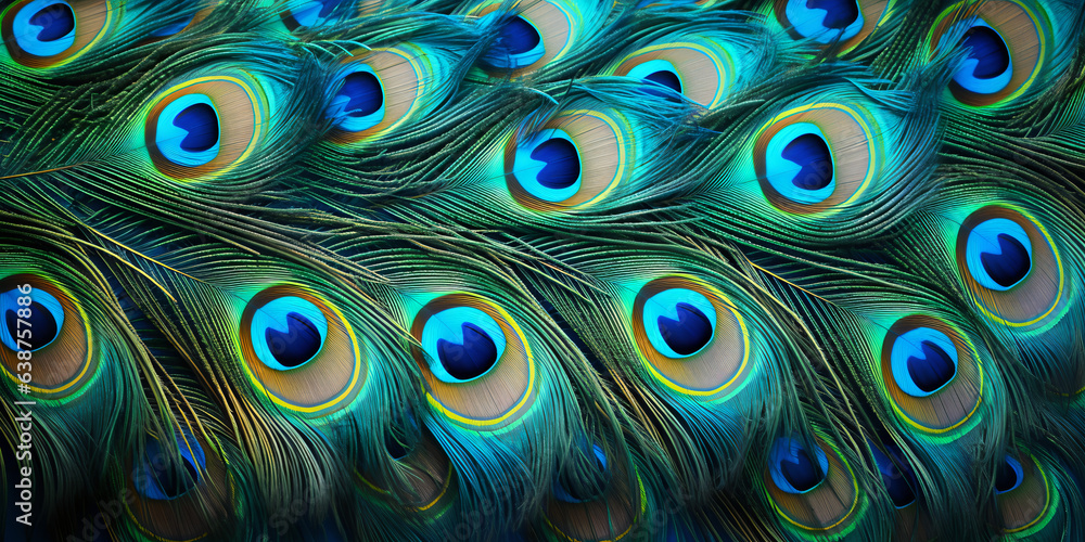 Obraz premium peacock feather texture, feather schemed background, closeup shot, panorama, blue, elegant, shallow arranged, Generative AI